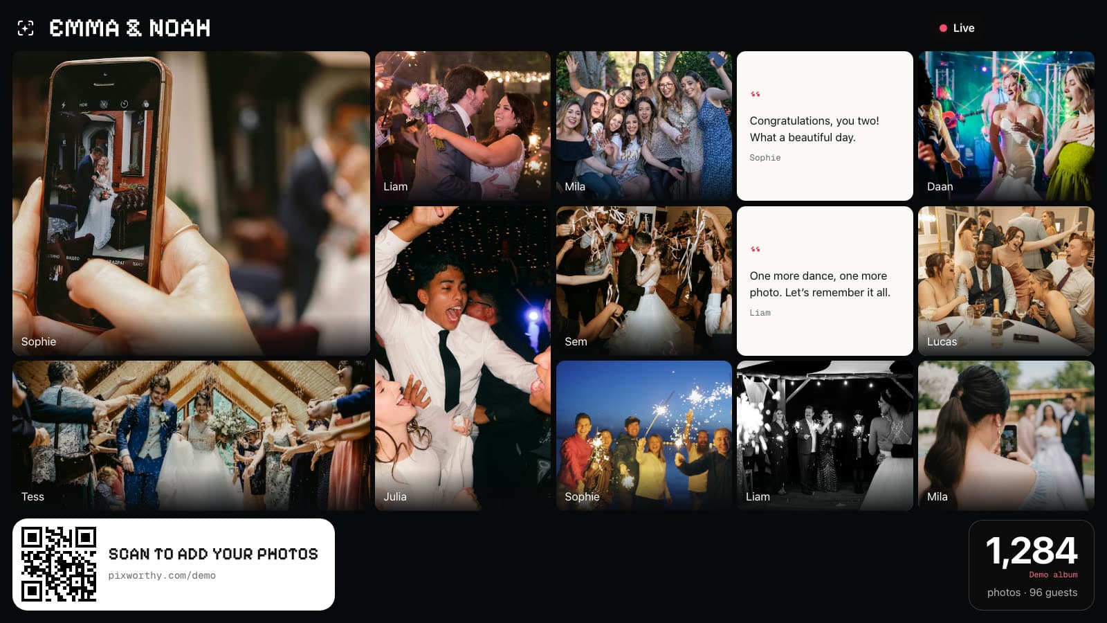 The Pixworthy live wall for the demo album Emma & Noah: a mosaic of wedding photos with guest names, two written guestbook messages, a QR code to add photos and a counter of photos and guests.