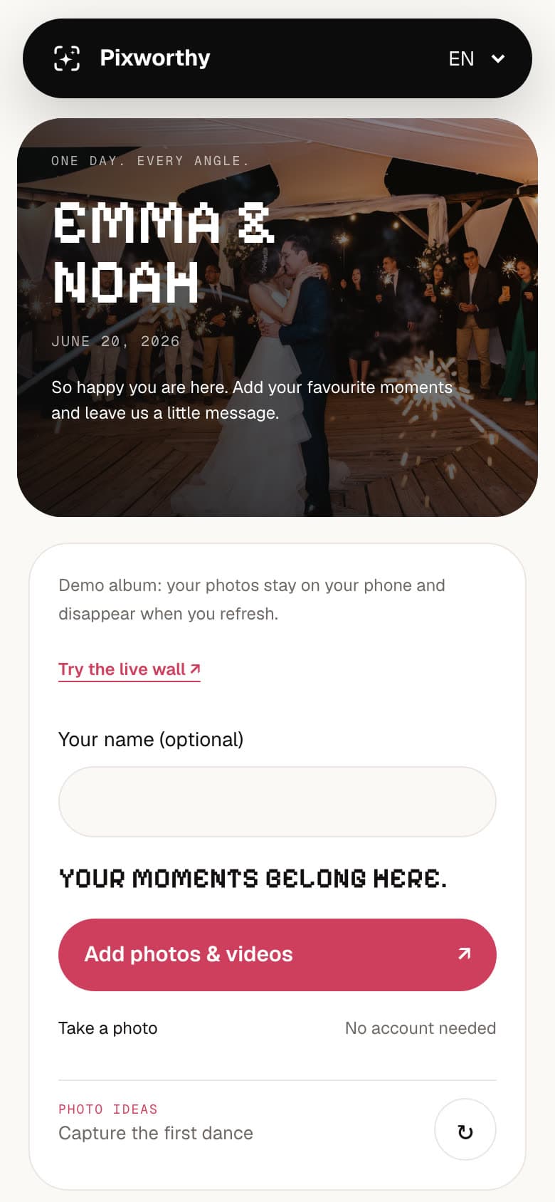 Phone screenshot of the Pixworthy guest page for Emma and Noah, with an optional name field, an Add photos and videos button and the note No account needed